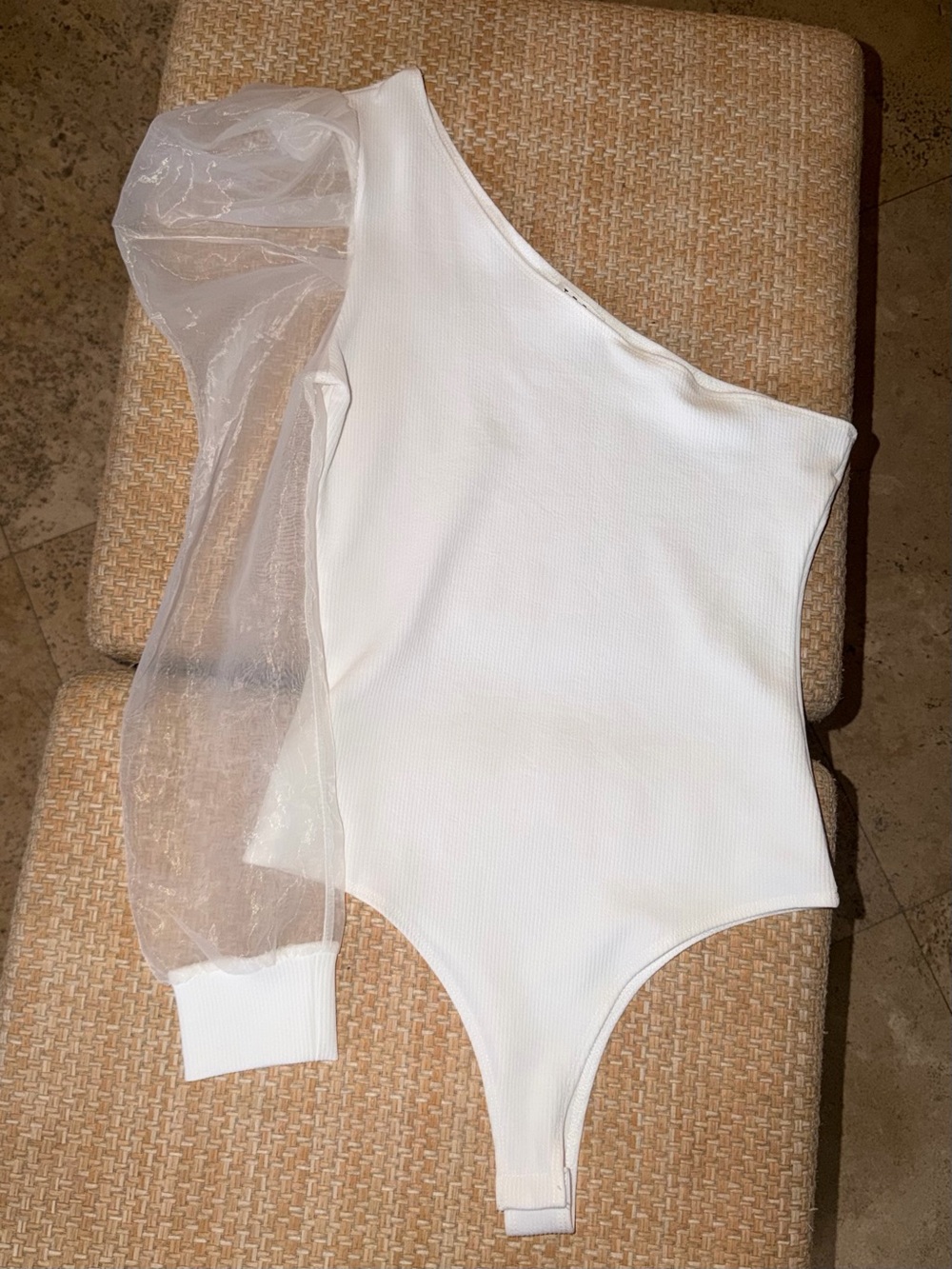 TCEC White One-Shoulder Bodysuit with Sheer Puff Sleeve